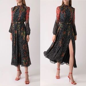 Saloni Jacqui B Dress Coral Blossom Print Silk Crepe Midi Puff Sleeve Size 6